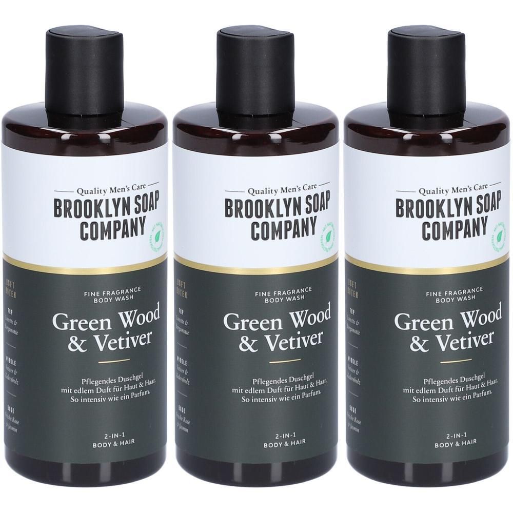 Drei Flaschen Brooklyn Soap Company Duschgel Green Wood & Vetiver, 2-in-1 Körper & Haar.
