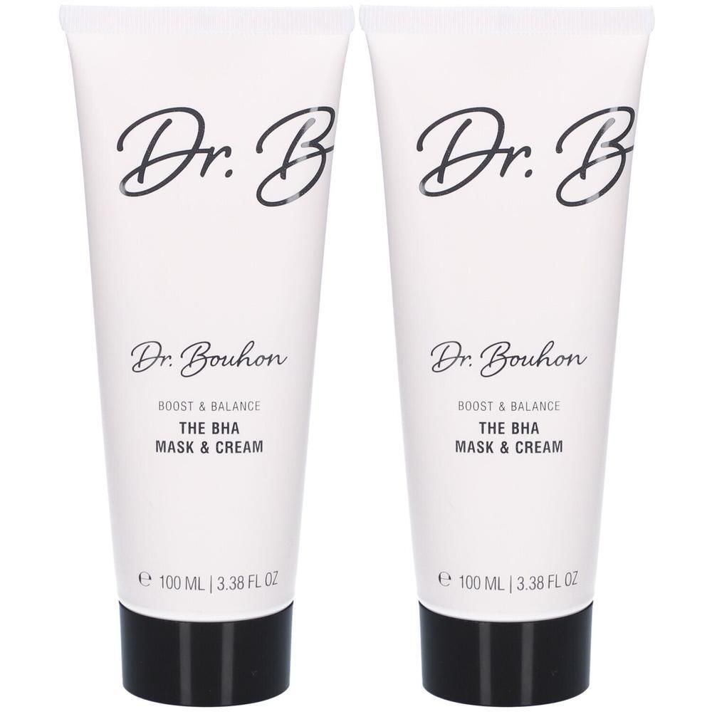 Zwei weiße Tuben Dr. Bouhon BOOST & BALANCE THE BHA MASK & CREAM, je 100 ml.