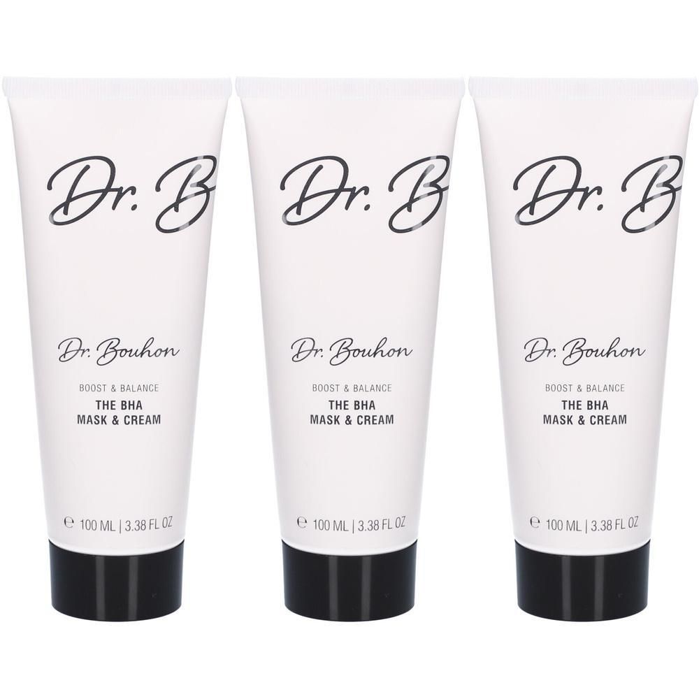 Drei weiße Tuben Dr. Bouhon BOOST & BALANCE THE BHA MASK & CREAM, je 100 ml.