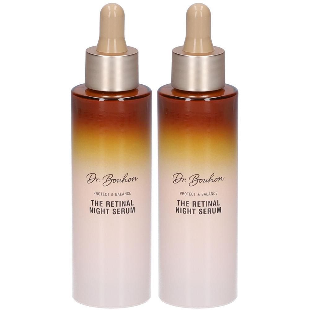 Zwei Flaschen Dr. Bouhon® The Retinal Night Serum mit Pipettenverschluss. Braunes und weißes Farbverlauf-Design.