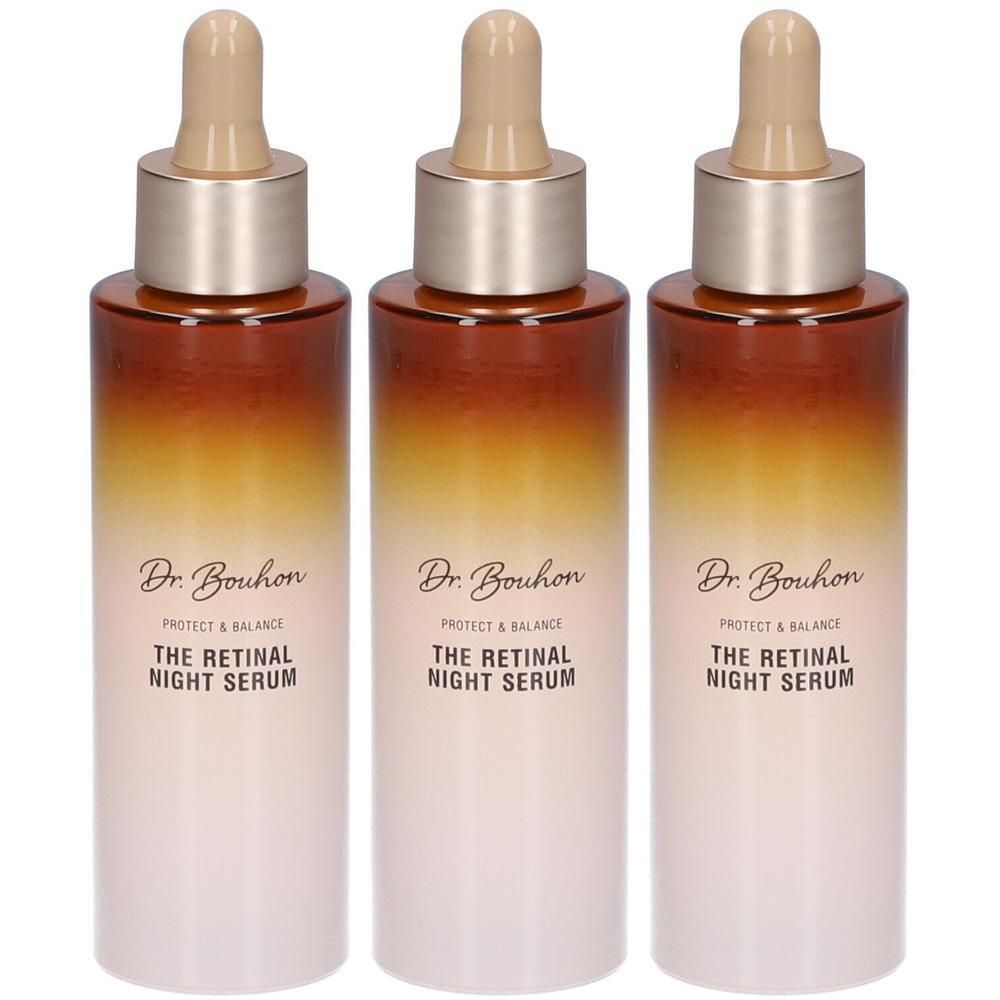 Drei Flaschen Dr. Bouhon The Retinal Night Serum mit Pipettenverschluss. Braunes und weißes Farbverlauf-Design.