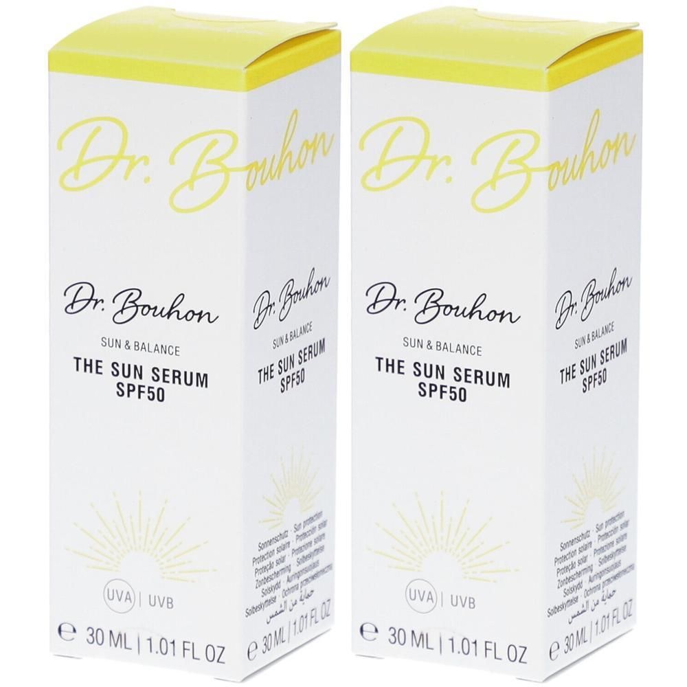 Zwei Schachteln Dr. Bouhon Sonnenschutz-Serum LSF50. Jede Schachtel zeigt den Markennamen und "The Sun Serum SPF50".