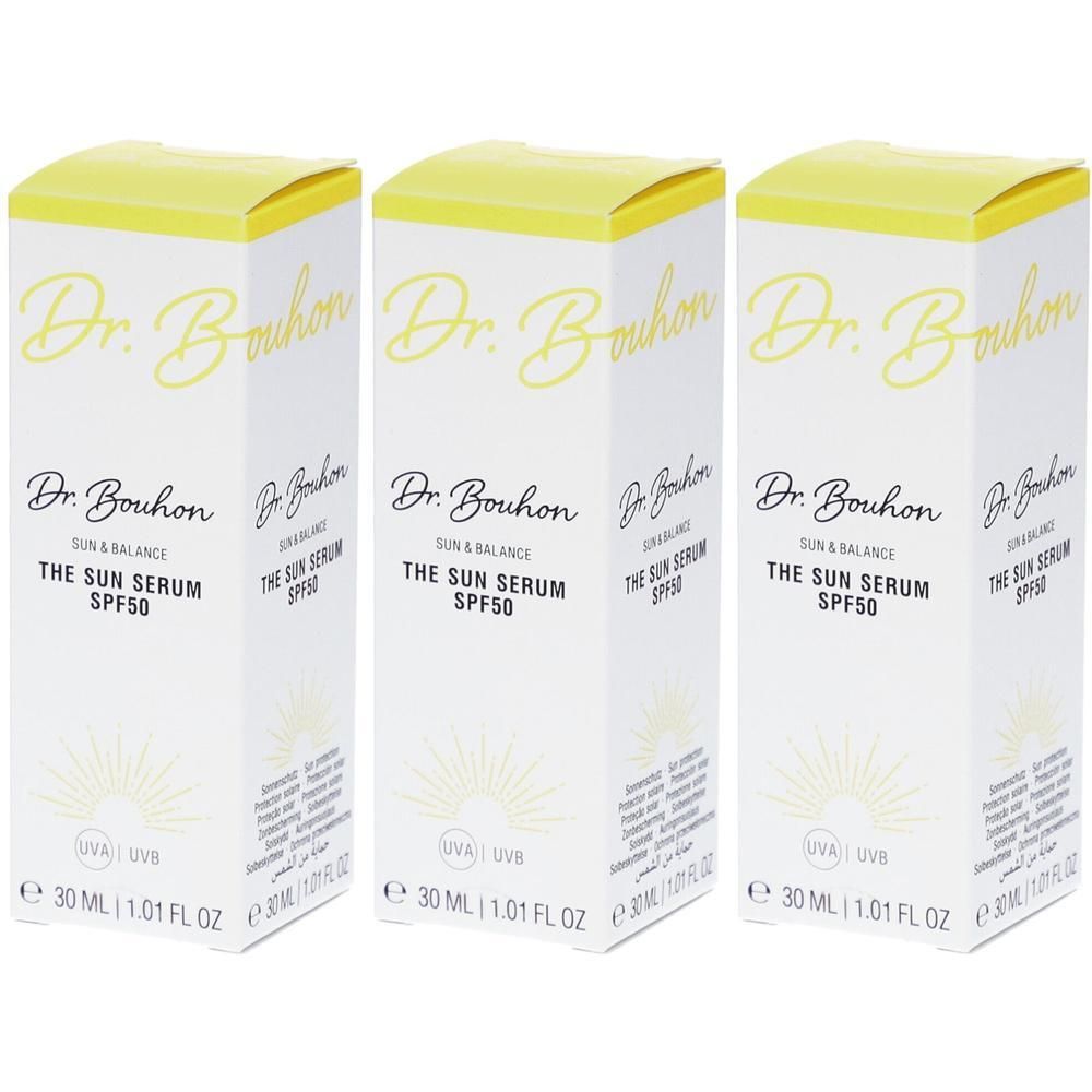 Drei Packungen Dr. Bouhon Sonnenspektrum SPF50 Sonnenschutz-Serum, je 30 ml.