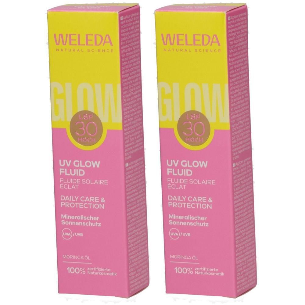 Zwei Packungen Weleda UV Glow Fluid LSF 30, täglicher Sonnenschutz mit Moringaöl.