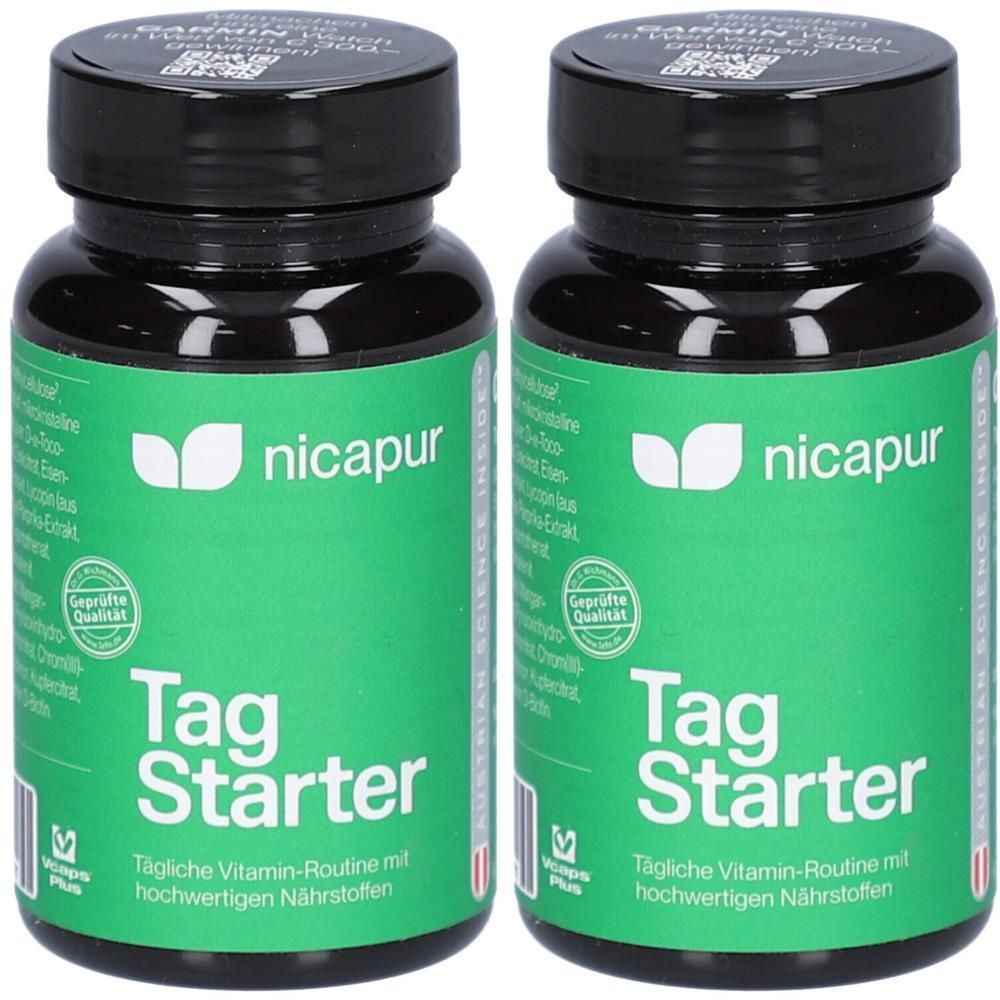 Zwei grüne Flaschen mit nicapur® Tag Starter Nahrungsergänzungsmitteln. Schwarze Deckel, weiße Schrift.