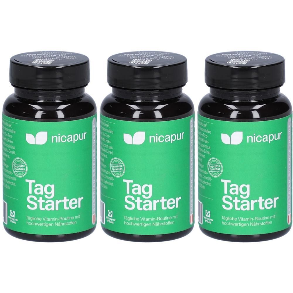 Drei Flaschen nicapur® Tag Starter mit schwarzem Deckel und grünem Etikett. Enthält wichtige Nährstoffe.
