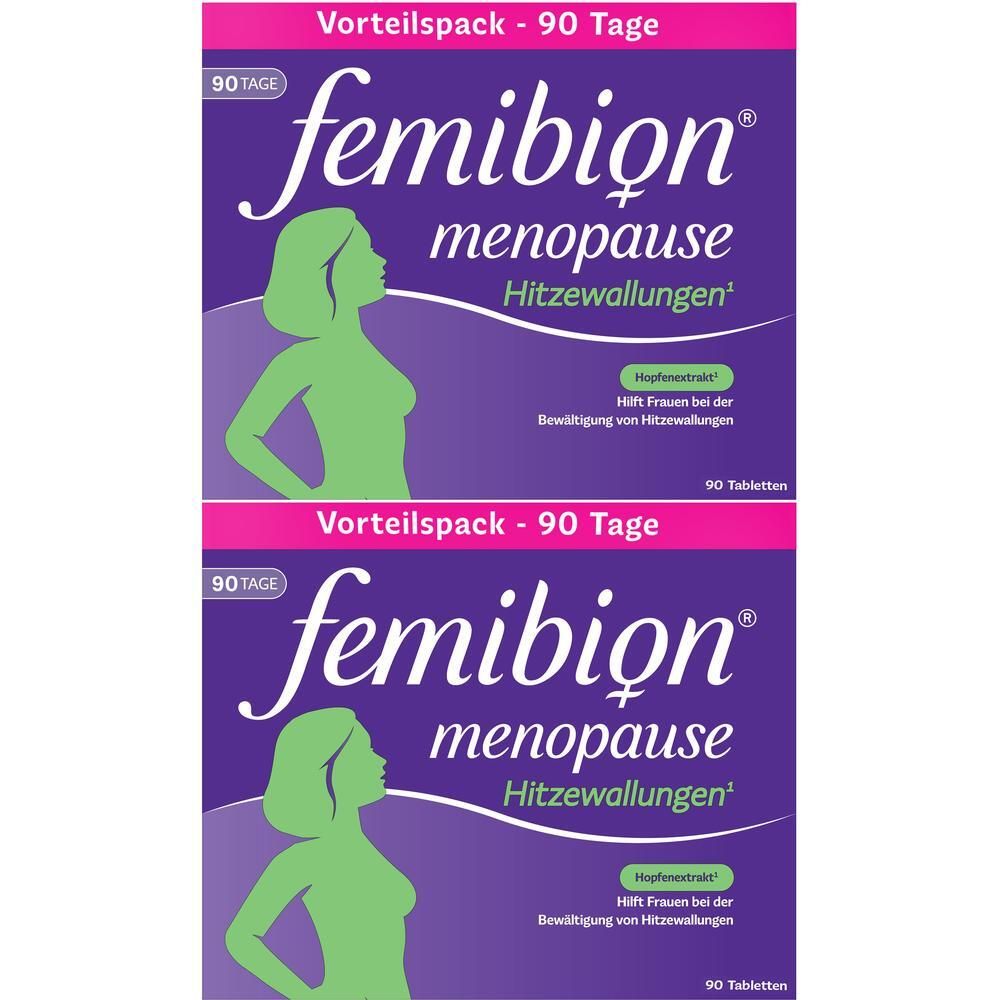 Zwei Packungen Femibion Menopause Hitzewallungen, 90 Tabletten.