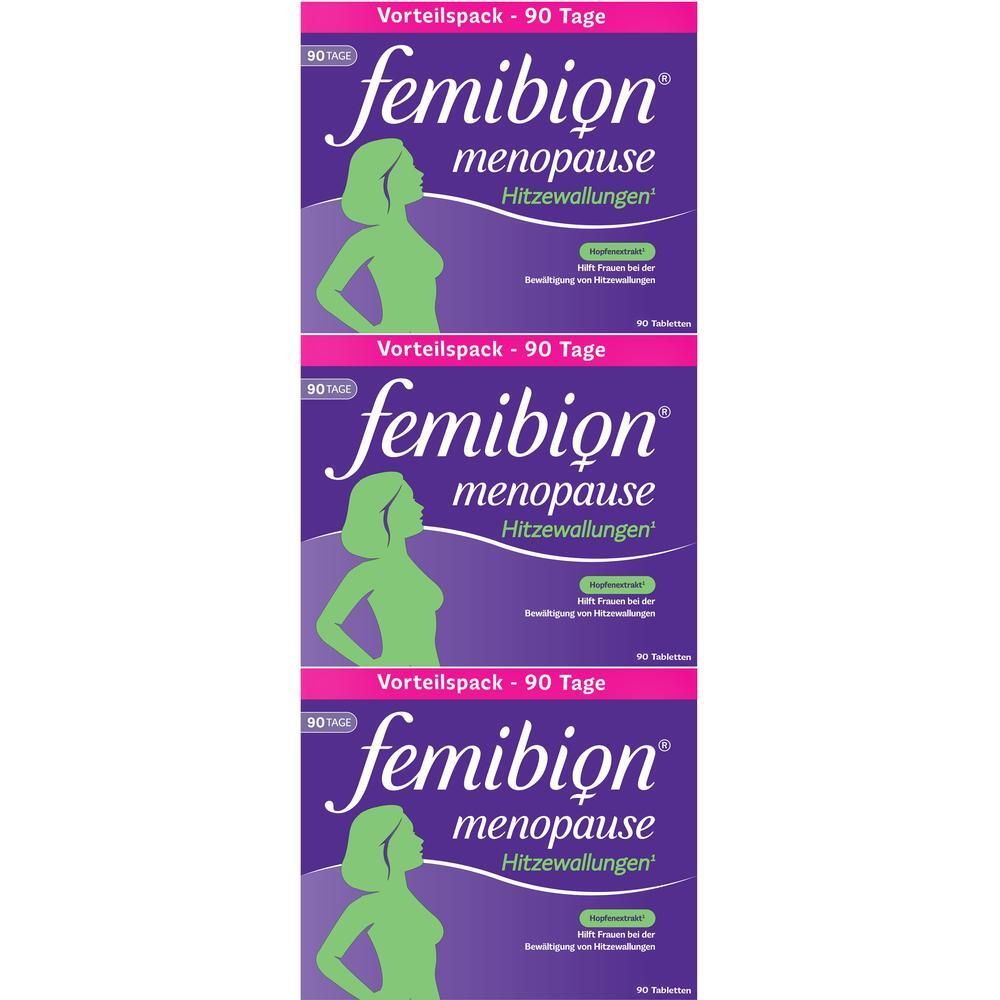 Drei Packungen Femibion Menopause Hitzewallungen, 90 Tabletten.