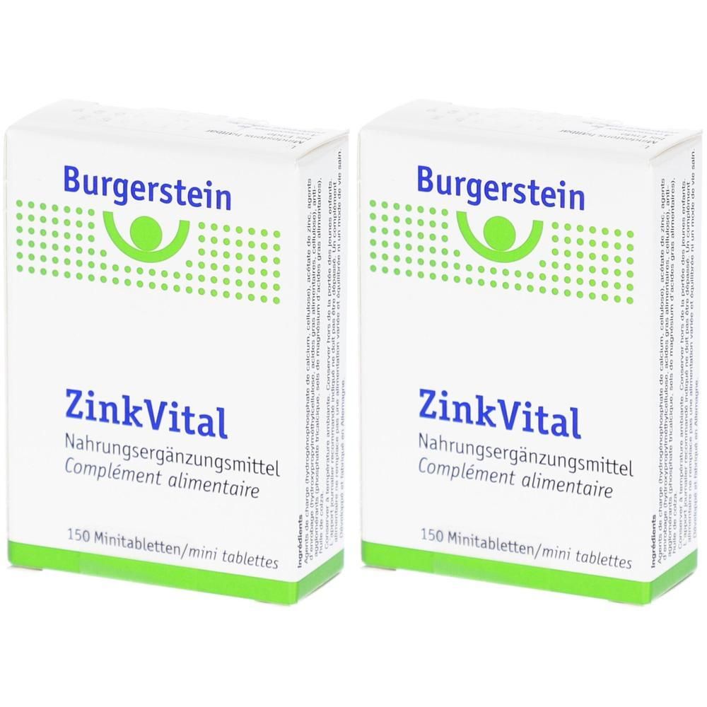 Zwei Packungen Burgerstein ZinkVital, Nahrungsergänzungsmittel, 150 Mini-Tabletten pro Packung.