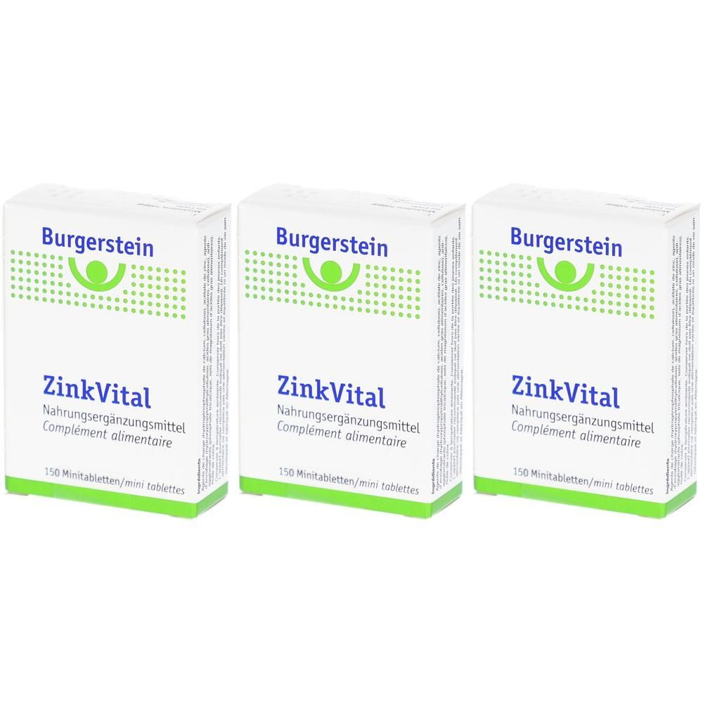 Drei Packungen Burgerstein ZinkVital mit je 150 Mini-Tabletten. Weiße Kartons mit grüner Schrift und Logo.