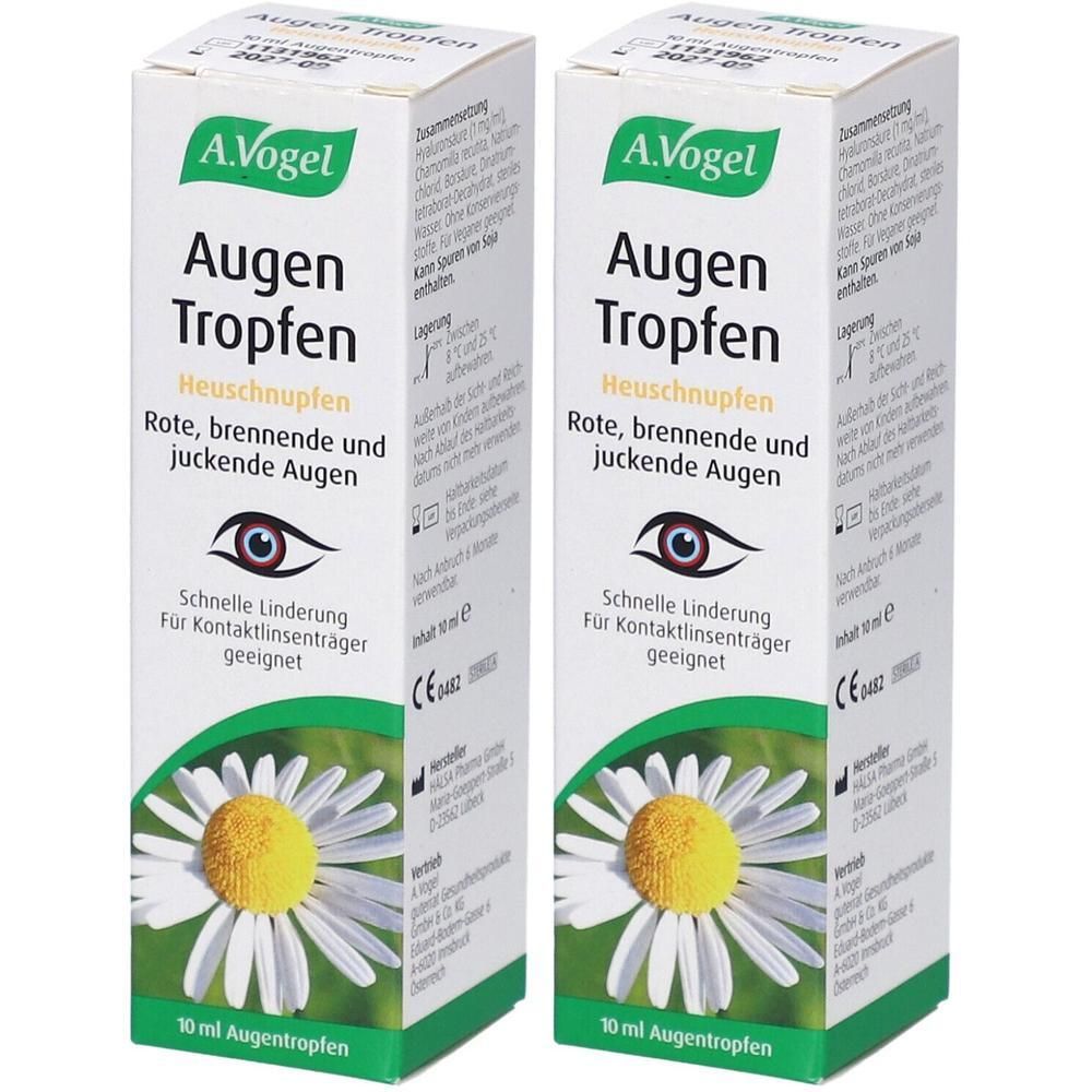 Zwei Packungen A.Vogel Augentropfen Heuschnupfen mit Kamillenblüten. Für rote, brennende und juckende Augen.