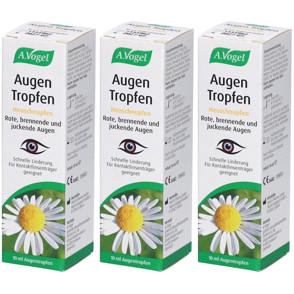 Drei Packungen A.Vogel Augentropfen Heuschnupfen mit Kamillenblüten-Motiv. 10 ml.