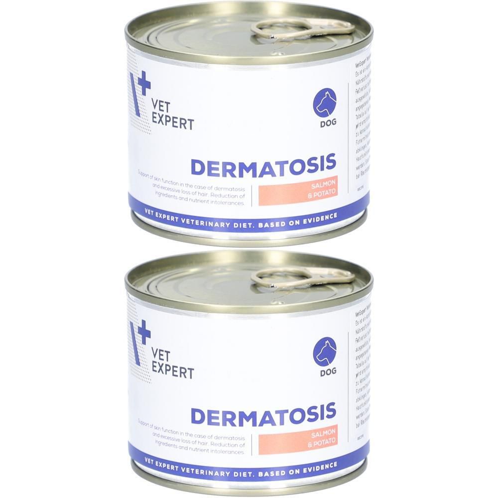 Zwei Dosen VETEXPERT Dermatosis Hundefutter, Lachs & Kartoffel. Veterinärdiät.