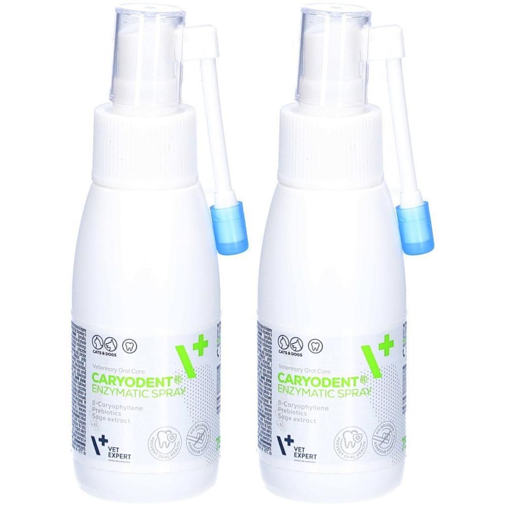 Zwei weiße Sprühflaschen mit Applikator für enzymatisches Mundhygiene-Spray.