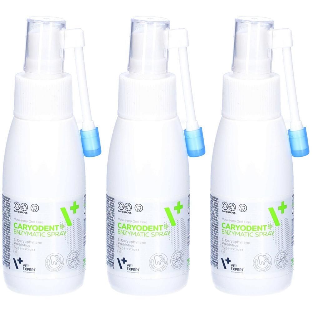 Drei weiße Sprühflaschen mit Applikator für enzymatisches Mundhygiene-Spray.