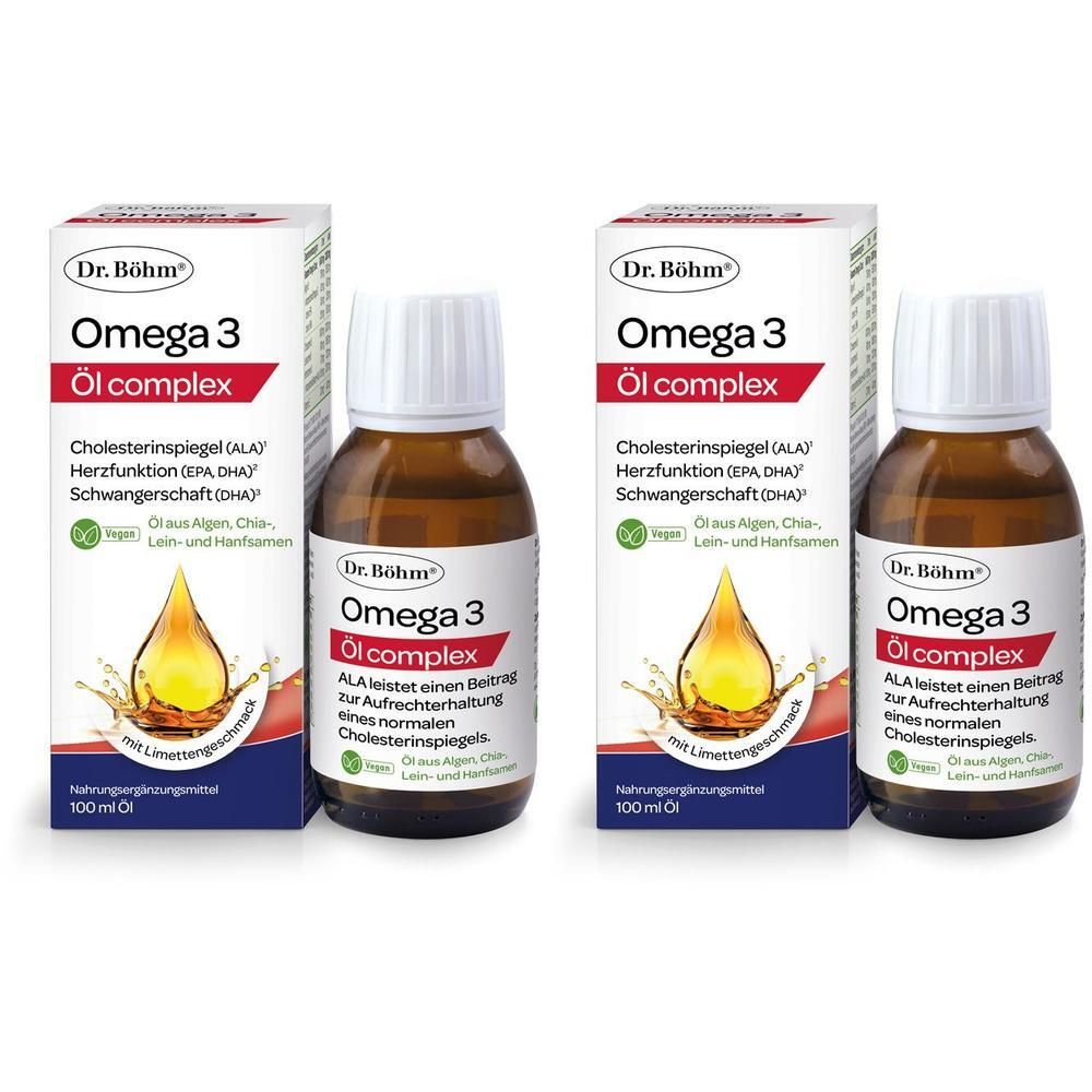 Zwei Flaschen Dr. Böhm Omega 3 Öl complex mit Packungen. Tropfflaschen aus braunem Glas.