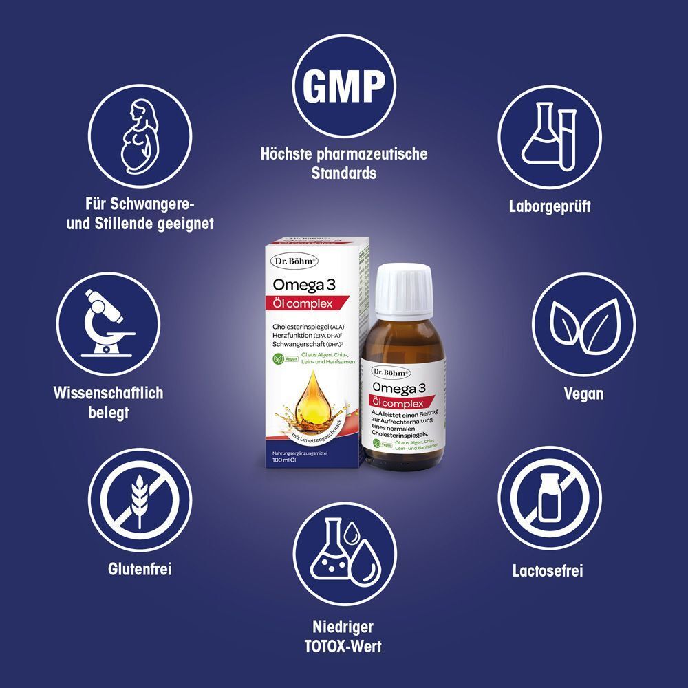 Dr. Böhm Omega 3 Öl complex Flasche und Packung, umgeben von Icons: Schwangerschaft, Mikroskop, Glutenfrei, GMP, Labor, Vegan, Lactosefrei.