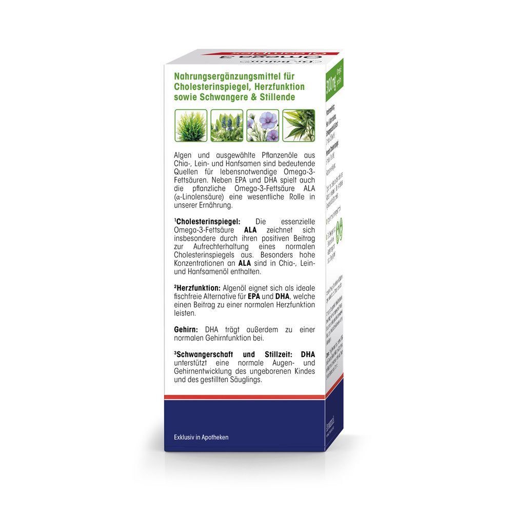 Rückseite einer Dr. Böhm® Omega 3 Öl complex Packung mit Produktinformationen.
