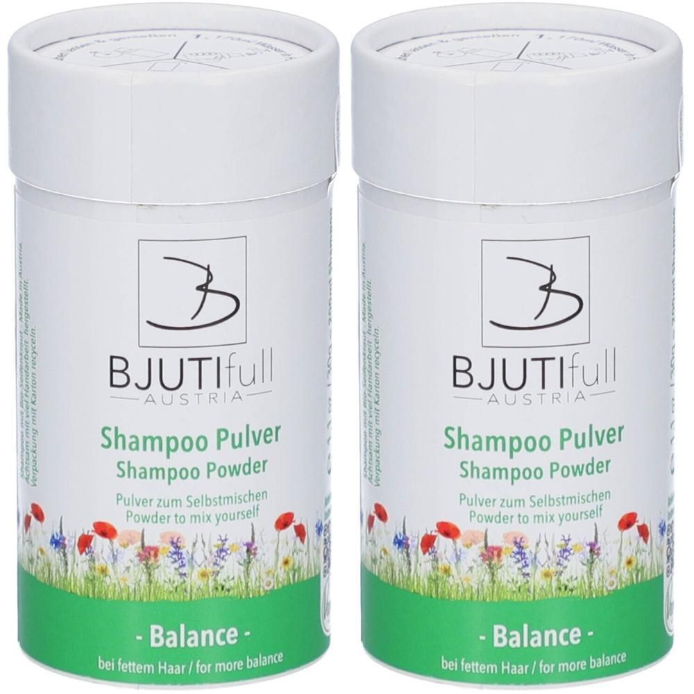 Zwei Behälter BJUTIFULL Shampoo Pulver Balance mit Blumenmuster. Für fettiges Haar.