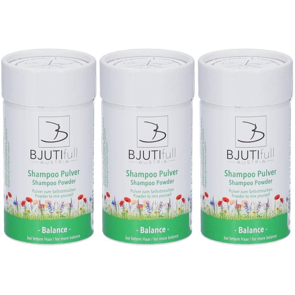 Drei Behälter BJUTIFULL Shampoo Pulver Balance. Weiße Behälter mit Blumenmuster und Logo.