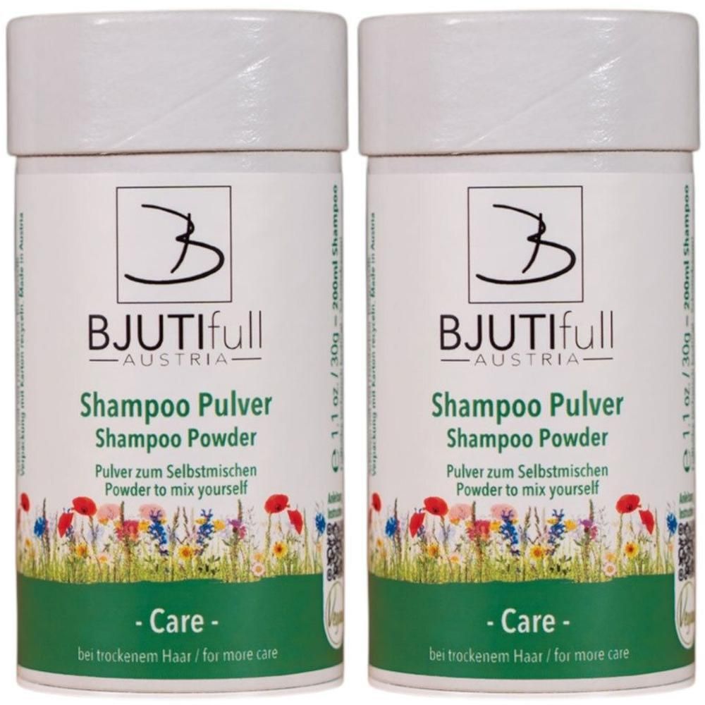 Zwei Behälter BJUTIFULL Shampoo Pulver, 30g. Mit Blumenmuster und Text "Shampoo Pulver".