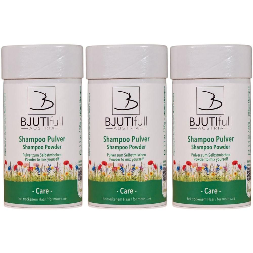Drei Behälter mit BJUTIFULL Shampoo Pulver. Mit Blumenmuster und "Care" Aufschrift.