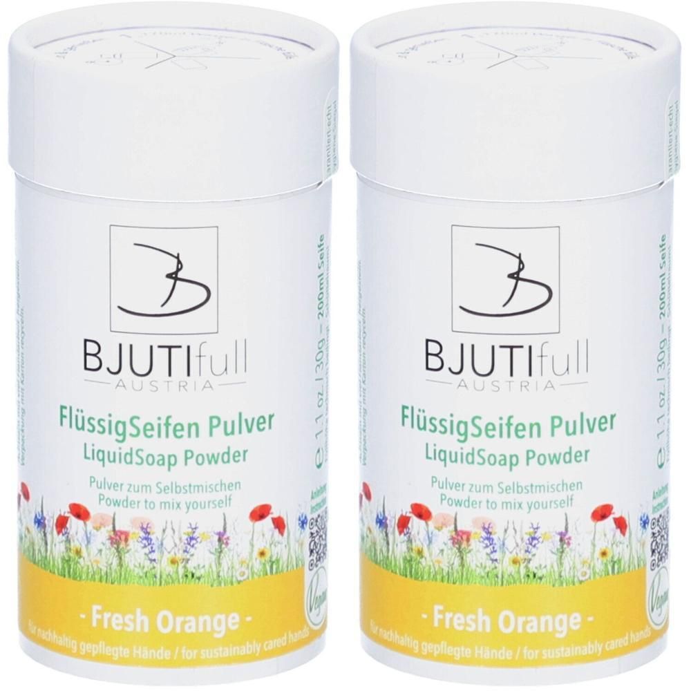 Zwei Tuben BJUTIFULL Flüssigseifen Pulver, Duft Fresh Orange. Pulver zum Selbstmischen.