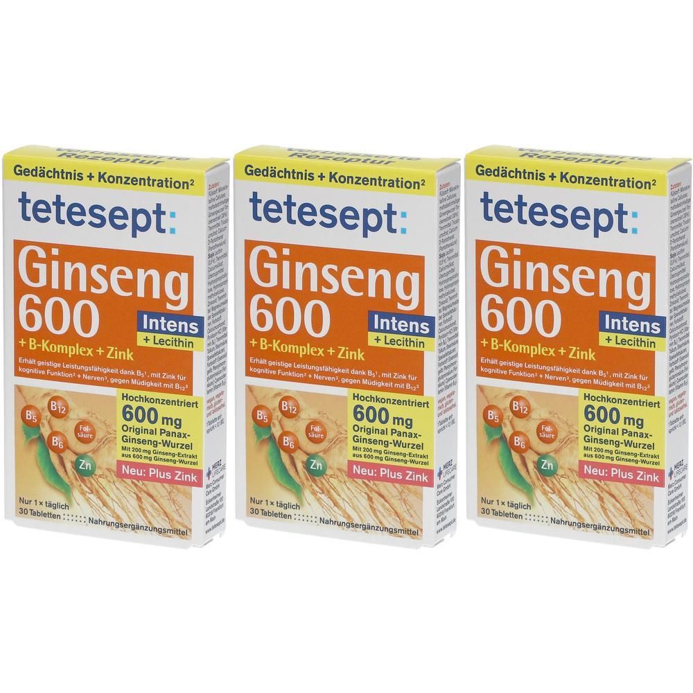 Tetesept Ginseng 600 Intens Tabletten Packung mit drei Kartons. Enthält 600 mg Ginseng-Extrakt und Zink.