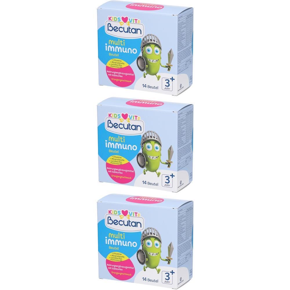 Drei Packungen Becutan Kids Multi Immuno mit Comic-Figur, für Kinder ab 3 Jahren.
