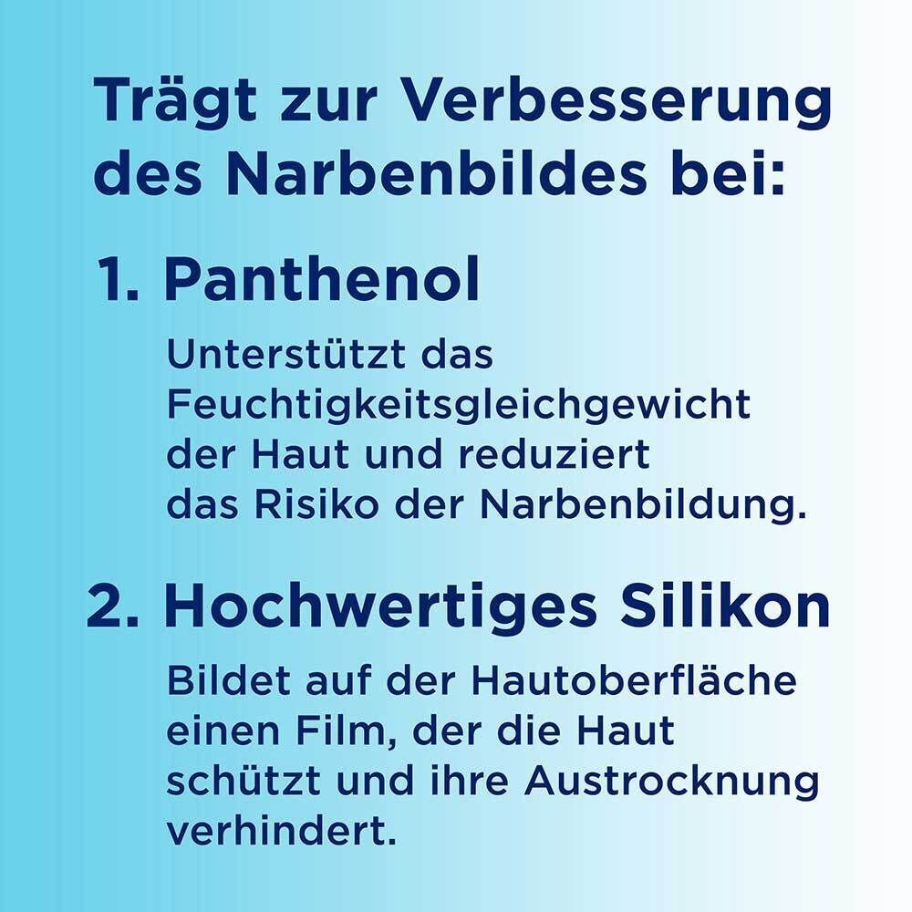 Wirkstoffe: Panthenol unterstützt Feuchtigkeit, Silikon schützt die Haut.