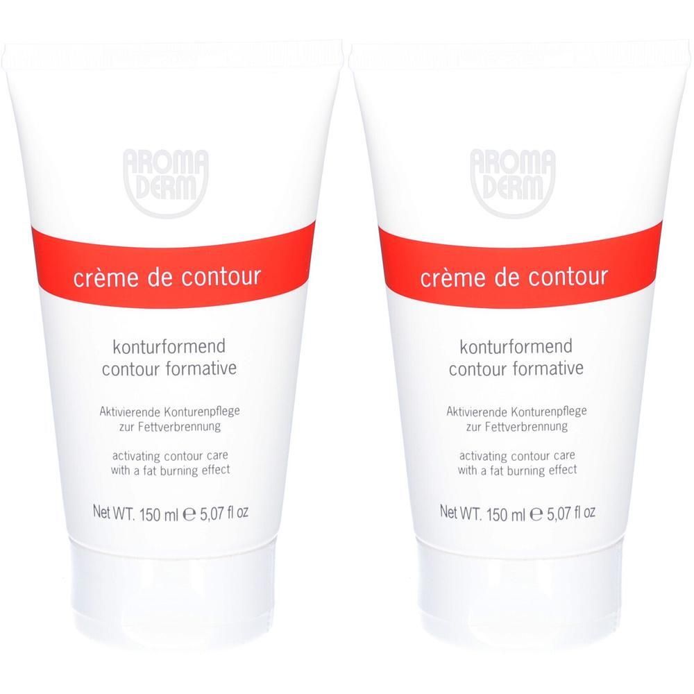 Zwei weiße Tuben mit rotem Band und der Aufschrift "crème de contour". Konturformende Pflege.