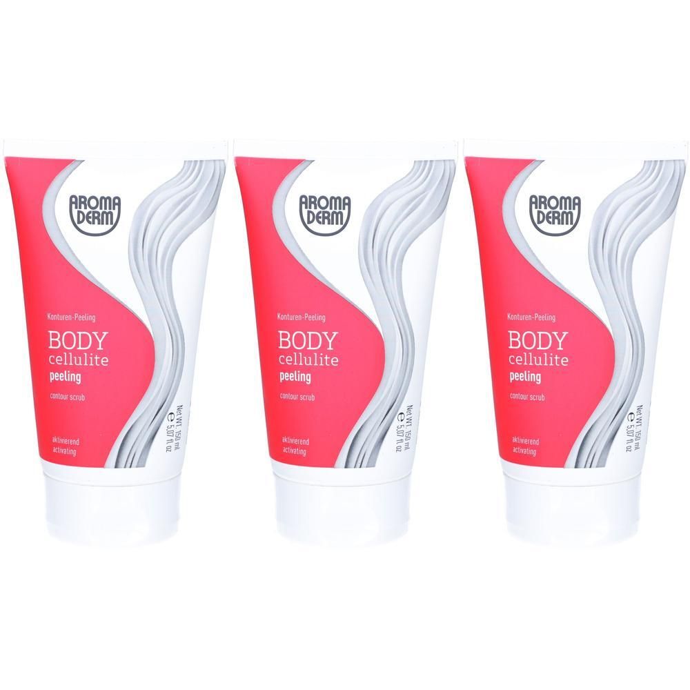Drei Tuben AROMA DERM BODY CELLULITE PEELING in Rot und Weiß mit Wellenmuster.