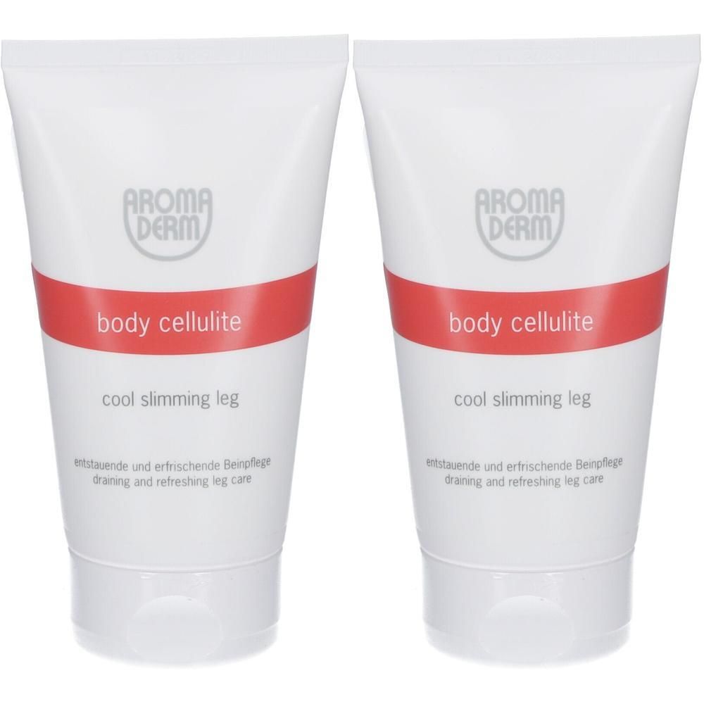 Zwei Tuben "body cellulite cool slimming leg" mit rotem Band und Logo.