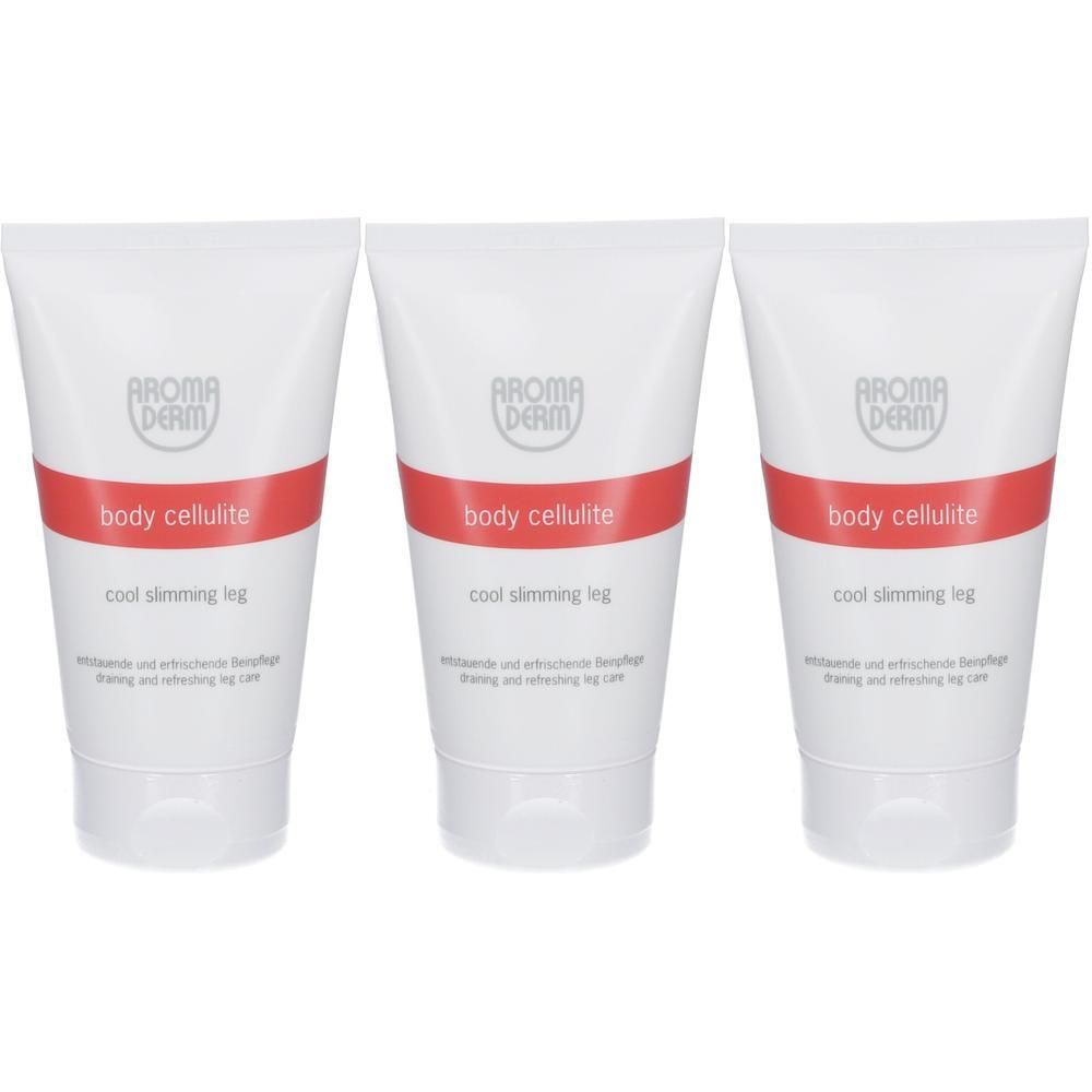 Drei weiße Tuben mit rotem Band und der Aufschrift "AROMA DERM body cellulite cool slimming leg".