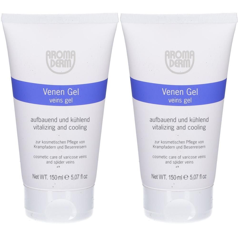 Zwei Tuben Venen Gel mit blauem Streifen. "Aroma Derm" Logo oben. "aufbauend und kühlend" auf der Vorderseite.