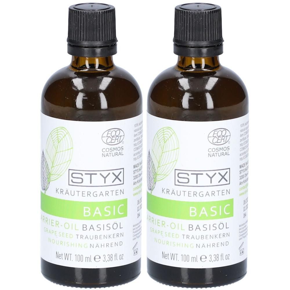 Zwei Flaschen STYX Kräutergarten Basisöl Traubenkern, je 100 ml.