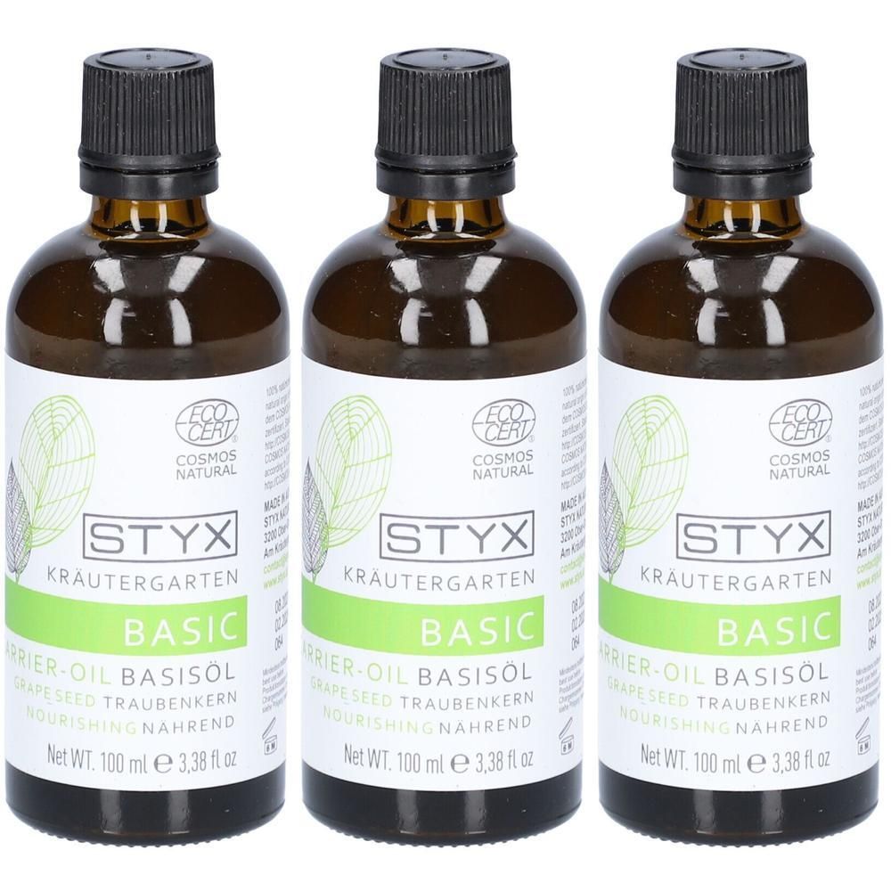 Drei Flaschen STYX Kräutergarten Basisöl Traubenkern, je 100 ml.