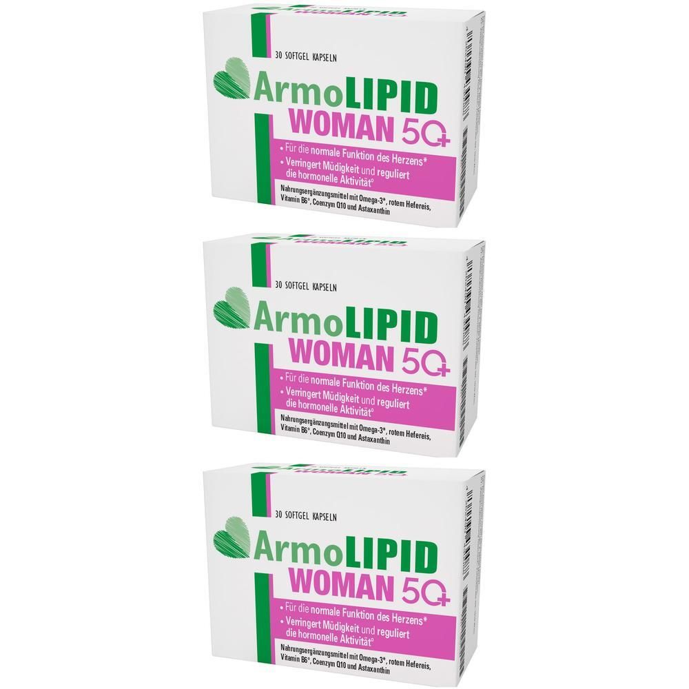 Drei Packungen ArmoLIPID WOMAN 5Q, 30 Weichkapseln pro Packung. Für die normale Herzfunktion.