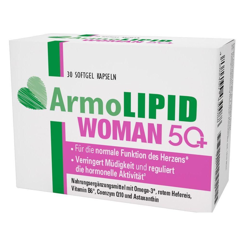Packung mit 30 ArmoLIPID WOMAN 5Q+ Softgel-Kapseln zur Unterstützung des Herz-Kreislaufs.