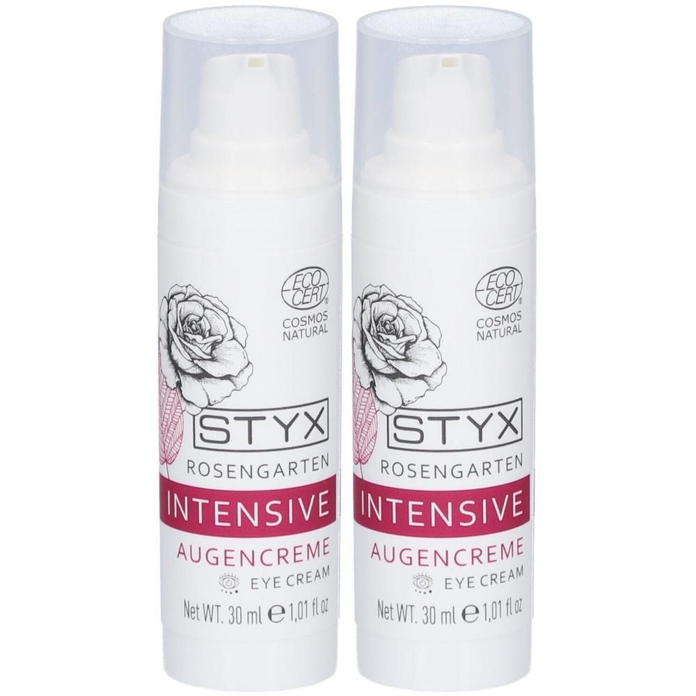 Zwei Flaschen STYX Rosengarten Intensive Augencreme mit Pumpspender. Weiß mit rosa Rosen-Illustration. COSMOS NATURAL Siegel.