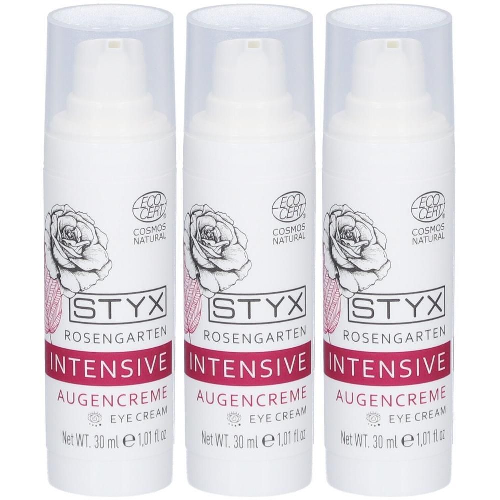 Drei Flaschen STYX Rosengarten Intensive Augencreme mit Rosenmotiv und COSMOS NATURAL Zertifizierung.