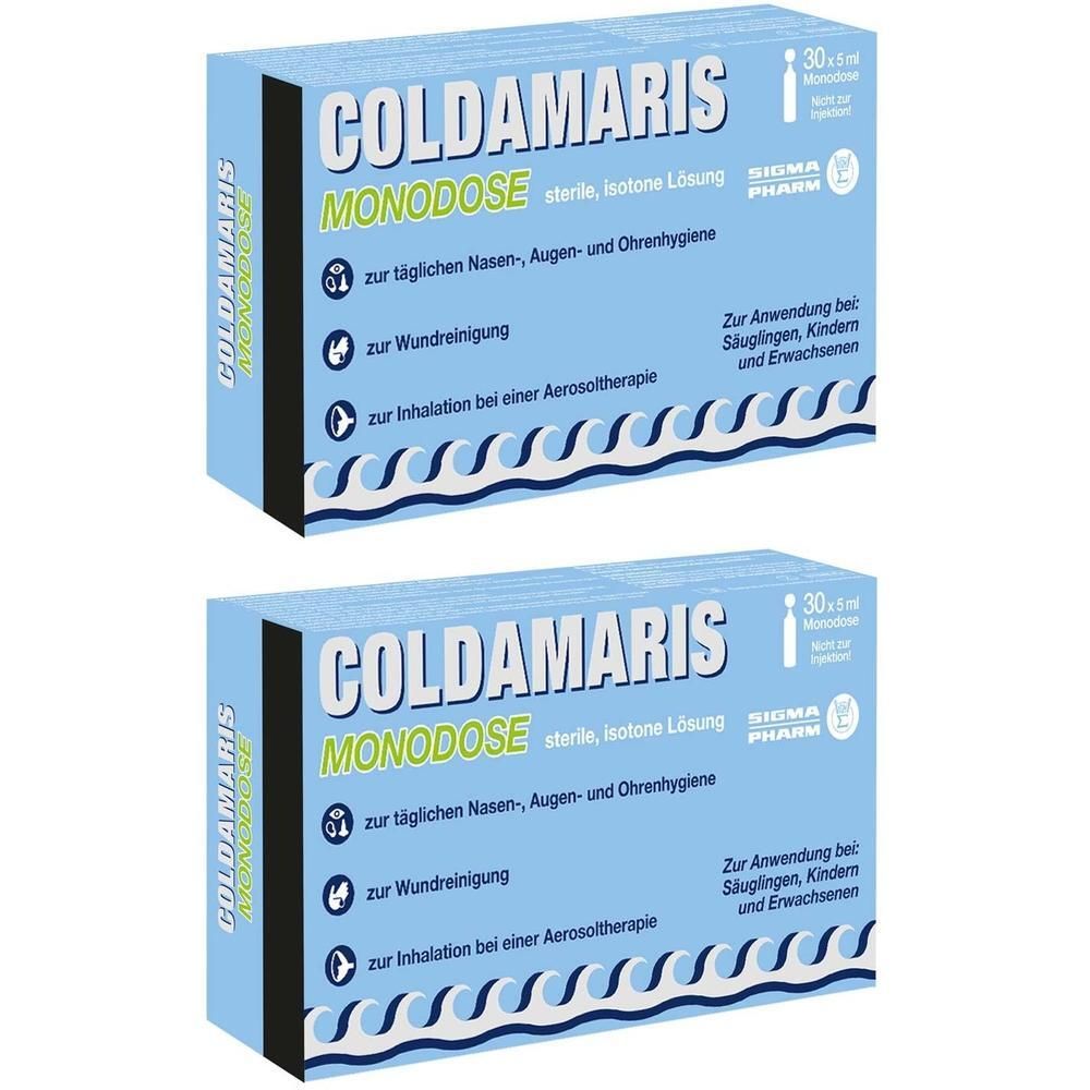 Zwei Packungen COLDAMARIS MONODOSE, sterile isotonische Lösung für Nasen-, Augen- und Ohrenhygiene.