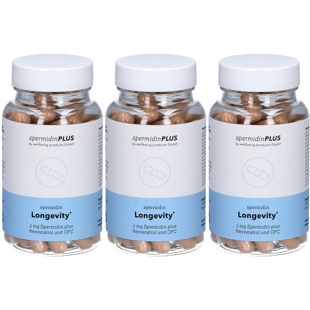 Drei Flaschen spermidinPLUS Longevity mit je 60 Kapseln. Enthält 2 mg Spermidin plus Resveratrol und OPC.