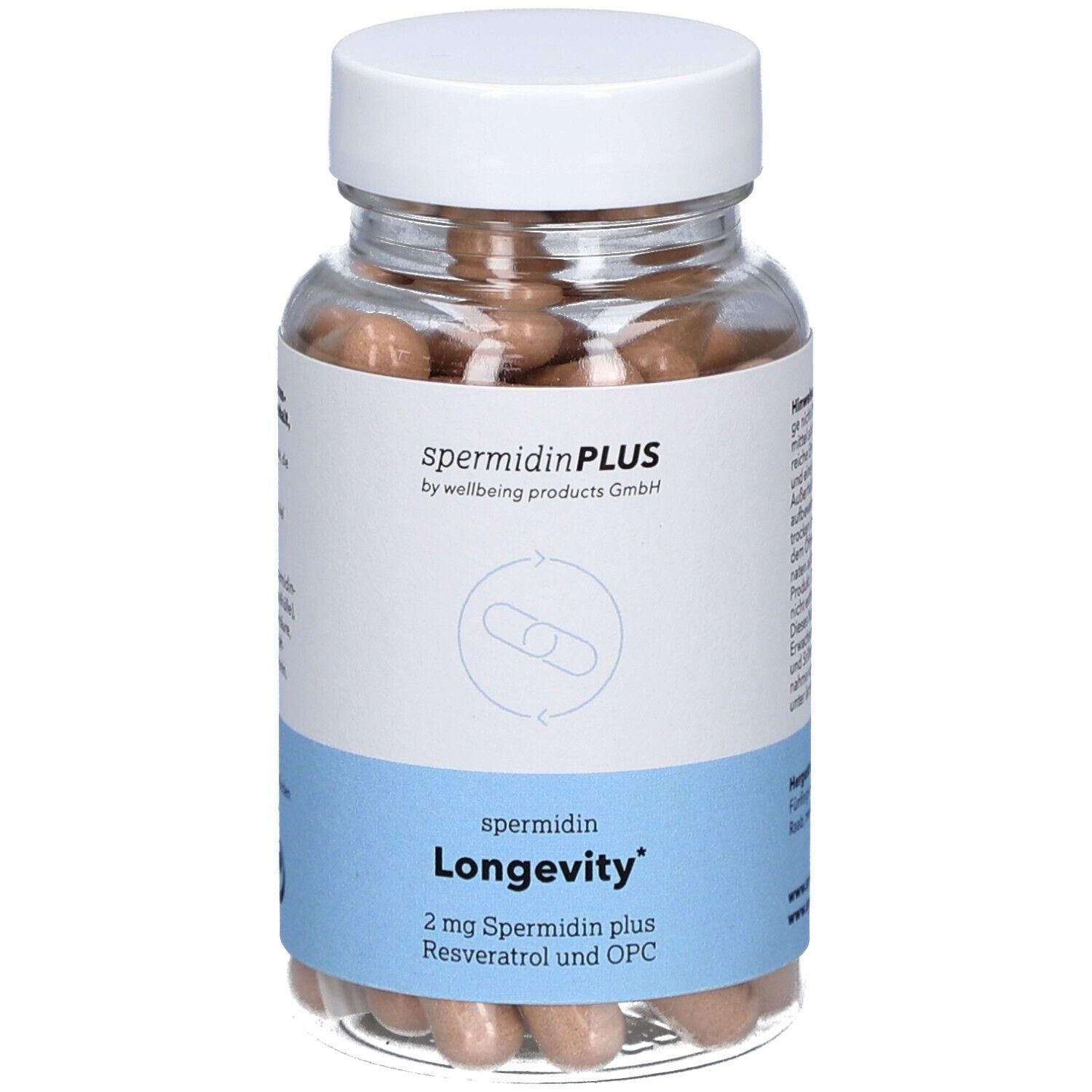 Glasflasche mit Kapseln, Etikett mit „spermidinPLUS Longevity“ und Inhaltsangaben.