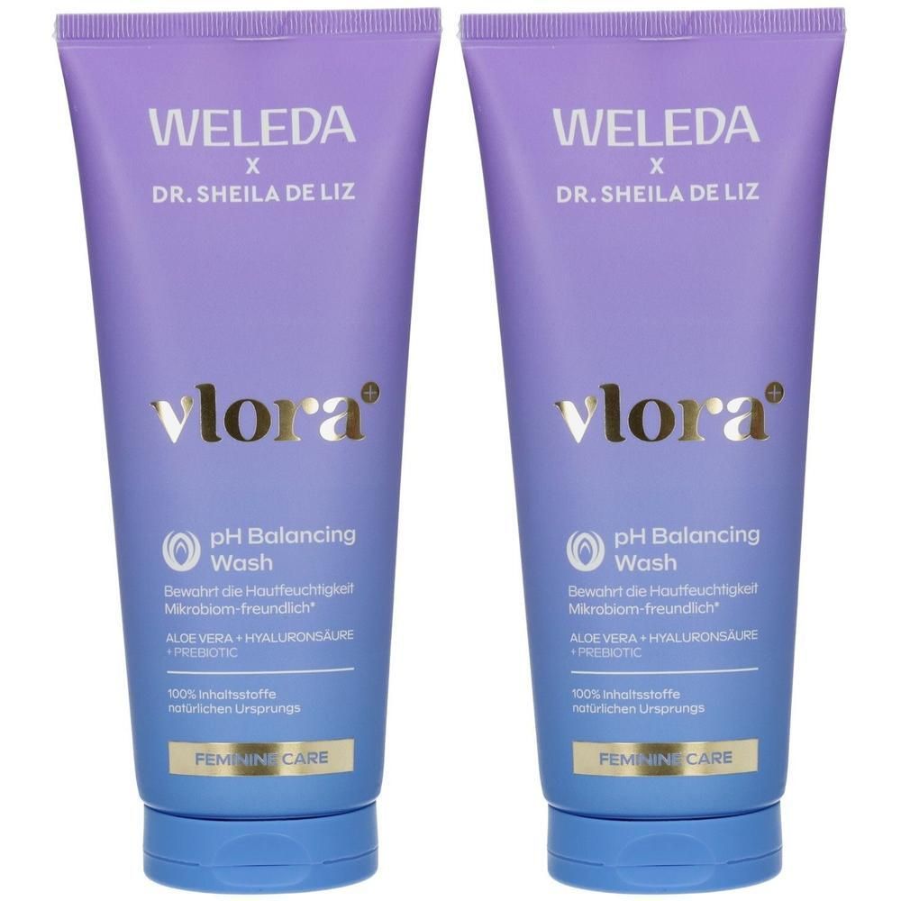 Zwei Tuben WELEDA vlora pH Balancing Wash mit Aloe Vera, Hyaluronsäure und Prebiotic. Für feminine Pflege.