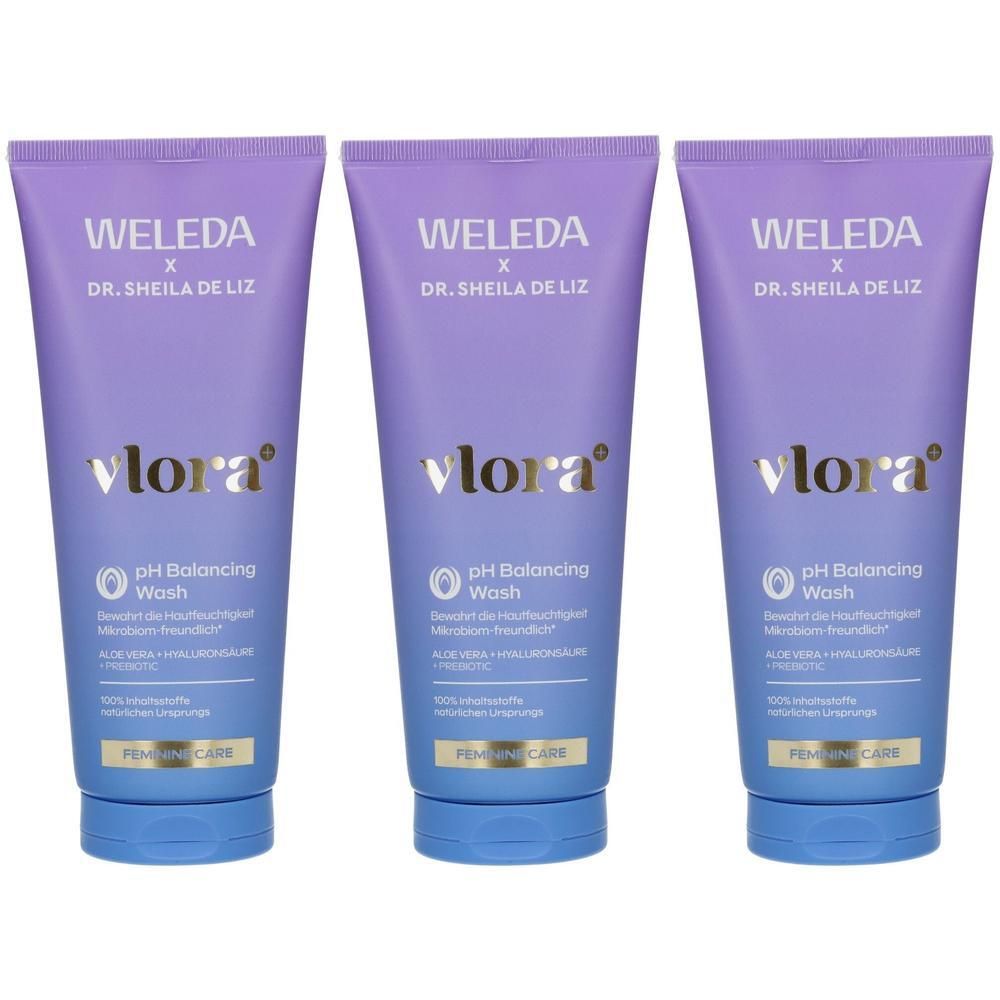 Drei Tuben WELEDA pH Balancing Wash mit Aloe Vera und Hyaluronsäure für die Intimpflege.