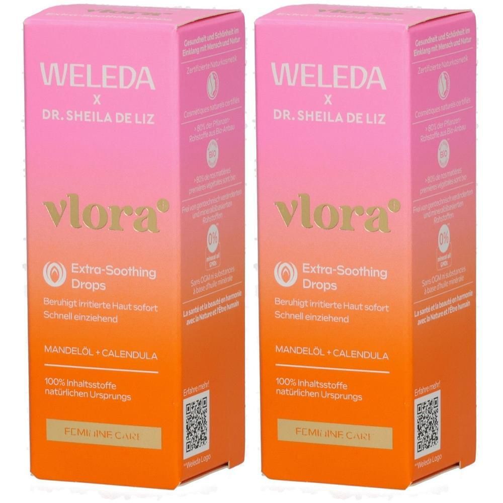 Zwei Packungen WELEDA Vlora Extra-Soothing Drops mit Mandelöl und Calendula. Für empfindliche Haut.