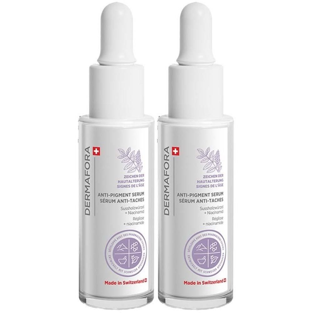 Zwei Flaschen DERMFORA Anti-Pigment Serum mit Pipettenverschluss.
