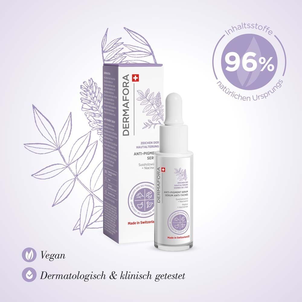 DERMFORA Anti-Pigment Serum Flasche neben der Verpackung, mit Pflanzenmotiv.