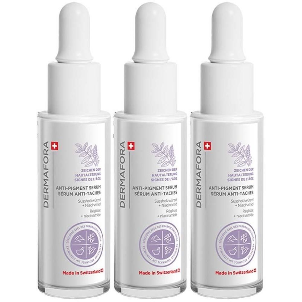 Drei Flaschen DERMFORA Anti-Pigment Serum mit Pipettenverschluss, weiße Flaschen mit lila Etikett.